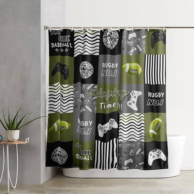 AILONEN Gamer Shower Curtain,Olive Green Ball Sports Waterproof Fabric Shower Curtain for Boys Kids Teens, 72" W*72" H Gaming Gamer Theme Shower Curtain Sets