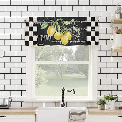 Kitchen Curtains and Valances Set,Summer Tropical Lemon Window Treatments Tiers Buffalo Plaid Black White Semi Sheer Half/Short Curtains for Small Windows Cafe /Living Room/ Bedroom 54x24 in, 3-Piece