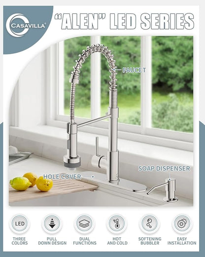 Kitchen Faucet with LED Light,Kitchen Faucet with Soap Dispenser,Faucet for Camper Farmhouse RV Kitchen Sink,Single Handle Stainless Steel Kitchen Sink Faucets with Pull Down Sprayer,Nickel Brushed