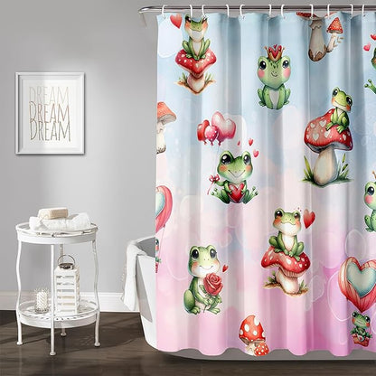 AILONEN Cartoon Frog Shower Curtain,Green Frog with Red Mushroom Roses Bathroom Curtain for Kids Boys Girls,Kawaii Amphibian Animal Waterproof Fabric Shower Curtains for Bathroom,72" W*78" H