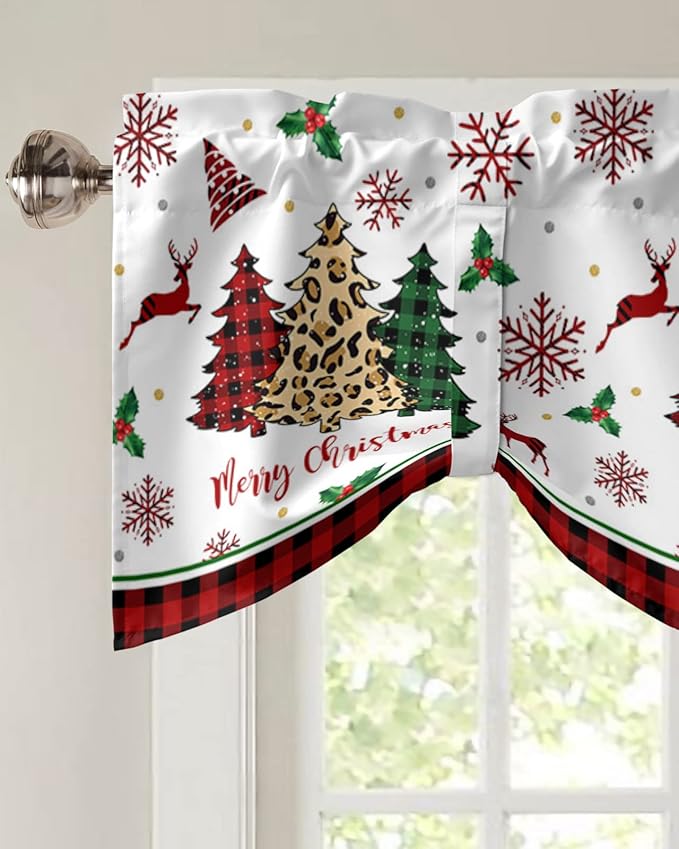 Merry Christmas Blackout Tie Up Valance Curtains for Kitchen Windows Farm Christmas Tree Buffalo Plaid Leopard Window Toppers Balloon Shades for Living Room/Bathroom/Bedroom,60" X 18" Holiday Decor