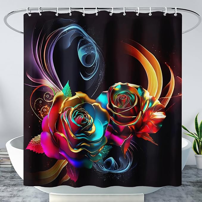 AILONEN Gold Rose Flower Shower Curtain for Kids Girls Teens,Butterfly Rose Flower Bath Curtain for Bathroom Decor,Romantic Polyester Waterproof with 12 Plastic Hooks 60" W*72" H