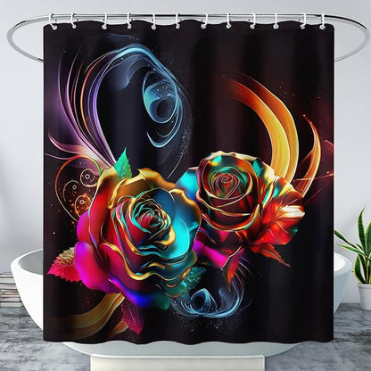 AILONEN Gold Rose Flower Shower Curtain for Kids Girls Teens,Butterfly Rose Flower Bath Curtain for Bathroom Decor,Romantic Polyester Waterproof with 12 Plastic Hooks 72" W*96" H