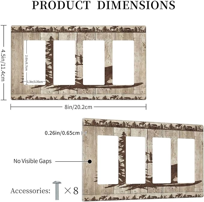 Rustic Wood Bear Forest 4 Gang Rocker Decora Light Switch Cover Vintage Antique Cabin Decorative Outlet Covers Wall Plate Electrical Faceplate Switchplate GFCI for Farmhouse Bathroom Bedroom Decor