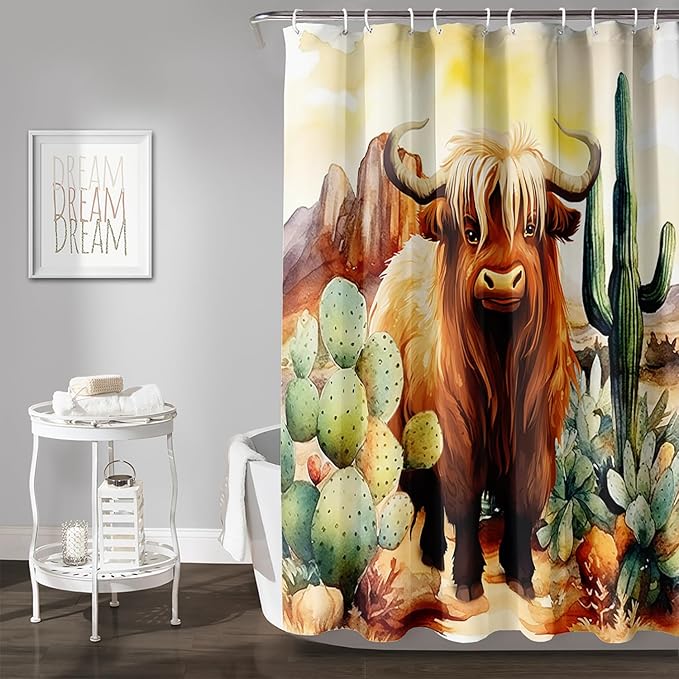 AILONEN Yak Shower Curtain Set, Desert Cactus Yak Polyester Waterproof Shower Curtain,Watercolour Sunset Warm Yellow Cloth Bath Curtain Set with Plastic Hooks,72" Wx72 H