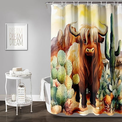 AILONEN Yak Shower Curtain Set, Desert Cactus Yak Polyester Waterproof Shower Curtain,Watercolour Sunset Warm Yellow Cloth Bath Curtain Set with Plastic Hooks,72" Wx72 H