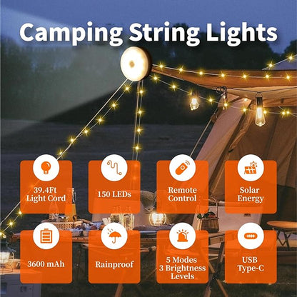 Solar Camping String Lights, 2 in 1 Solar Battery String Light Lantern Waterproof 39.4ft 8 Modes, Solar String Lights for Camping 3600mAh Rechargeable String Lights