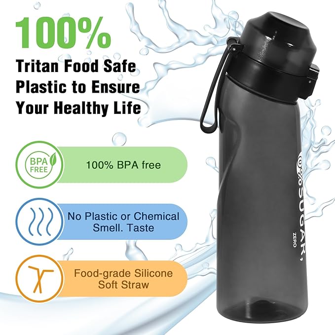 Air Scent Water Bottle Flavor Pods 650ml BPA Free Water Cup with 7 Flavour Pods Sports Water Bottle Suitable for Outdoor(Black)