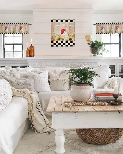 Farmhouse Kitchen Curtains Valances for Windows Sunflower Vintage Farm Chicken Rod Pocket Window Treatment for Kitchen/Living Room/Bedroom/Bathroom,60" X 18" -1 Panel, Black White Plaid
