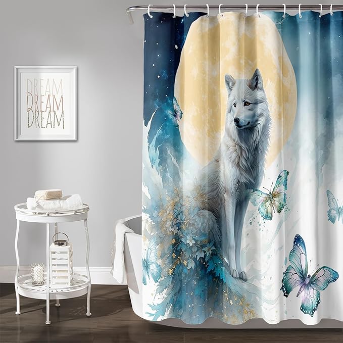 AILONEN 3D Printed Wolf Shower Curtain, Watercolor Floral Wolf Bath Curtain for Boys Girls Kids,Modern Minimalist White Waterproof Fabric Shower Curtain 36" W*72" H