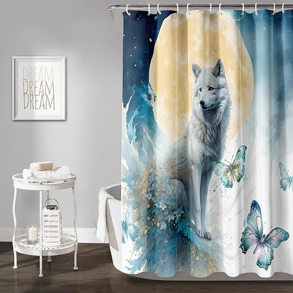 AILONEN 3D Printed Wolf Shower Curtain, Watercolor Floral Wolf Bath Curtain for Boys Girls Kids,Modern Minimalist White Waterproof Fabric Shower Curtain 36" W*72" H