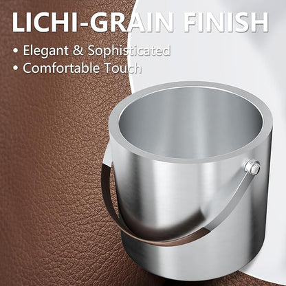 3L Double Wall Ice Bucket for Parties with Silicone Lid, Tongs & Strainer, Bar Insulated Ice Buckets [Silicone Lid for Longer Ice] Cocktail Wine Bucket Champagne Chiller Brown Accent Handle