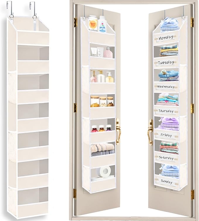 Over the Door Organizer 7 Tiers, No Tilt Closet Organizers and Storage for Bedroom, Weight Capacity of 50 lbs for Back of Door Organizers,Door Hanging Organizer for Closet,Diaper Organizer,Beige