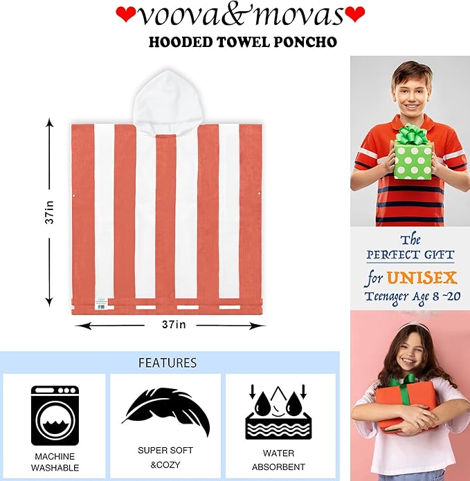 VOOVA & MOVAS Big Kids Hooded Towel Poncho | Large, Soft, Absorbent Cotton | 8-16Years | Versatile for Pool, Swim,Beach and Bathroom | Orange Cabana Stripe