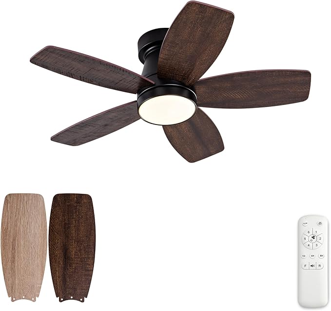 30 inch Ceiling Fans with Lights and Remote,Flush Mount Black Ceiling Fan,Memory Fuction Reversible Quiet DC Motor Low Profile Ceiling Fans For Living Room Bedroom Indoor Outdoor(Black Walnut)