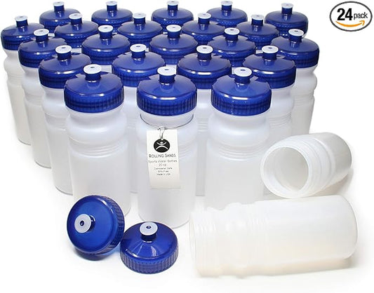 Rolling Sands 20 Ounce Sports Water Bottles 24 Pack, BPA-Free, Made in USA, Dishwasher Safe, Clear Frost Bottles/Navy Lids