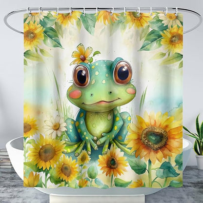 AILONEN Cartoon Green Frog Shower Curtain,Watercolor Sunflower Shower Curtain,Cute Kawaii Frog Curtain for Kids Girls Boys,Yellow Flower Animal Frog Print Waterproof Bath Curtain 72" W x 96" H