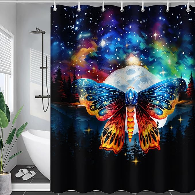 AILONEN Colorful Moth Shower Curtain,Galaxy Moon Moth Bath Curtain for Bathroom Decor,Polyester Waterproof with 12 Plastic Hooks 72" W*96" H