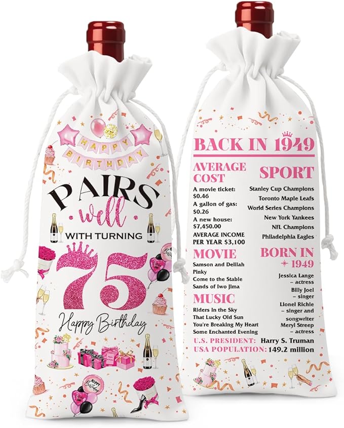 75th Birthday Gifts for Women Men Wine Bag, Birthday Gifts for 75 Year Old Man, Happy 75th Birthday Party Decorations Women for Men, Pairs Well with Turning 75 Wine Bags (White Pink)