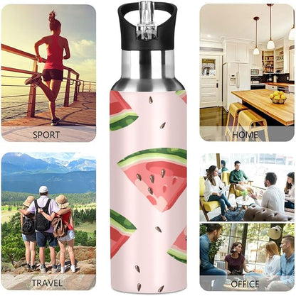 ALAZA Red Watermelons Water Bottle With Straw Lids Boys Girls,Vacuum Insulated Leakproof Stainless-Steel Sports Bottle Thermal Flask For Gym Yoga Camping,20Oz (600Ml)