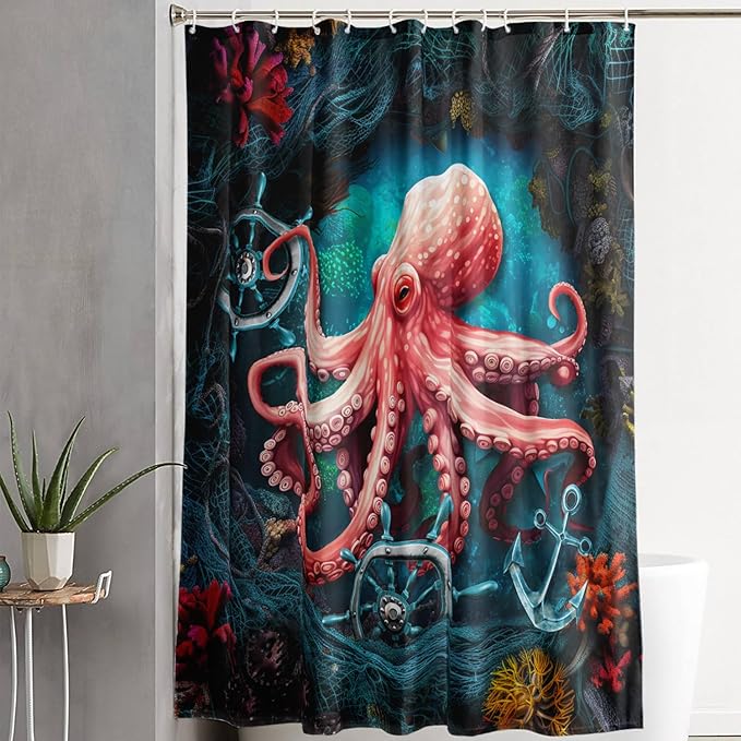 AILONEN Cartoon Red Octopus Shower Curtain for Bathroom,Octopus Tentacles Bath Curtain for Kids,Boys,Girls,Anchor Ocean Animal Theme Waterproof Fabric Shower Curtain Set with Hooks,48" W*72" H