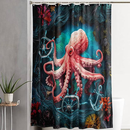 AILONEN Cartoon Red Octopus Shower Curtain for Bathroom,Octopus Tentacles Bath Curtain for Kids,Boys,Girls,Anchor Ocean Animal Theme Waterproof Fabric Shower Curtain Set with Hooks,72" W*78" H