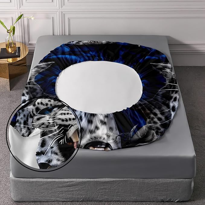 AILONEN Leopard Fitted Sheet Set Twin Size, Roaring Cheetah Print Bed Sheet Set,Blue Rose Bedding Grey Leopard Sheet Set,Wildlife Bed Sheet Set Animal Themed Fitted Sheet and 2 Pillowcases,3 Pieces