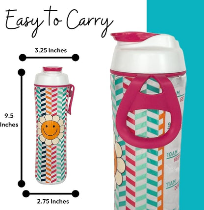 Kids Water Bottle with Times to Drink | 24oz BPA-Free Reusable Water Bottles with Time Marker | Clear Tritan Plastic Great for School | Leakproof Cap & Carry Loop | Made in USA