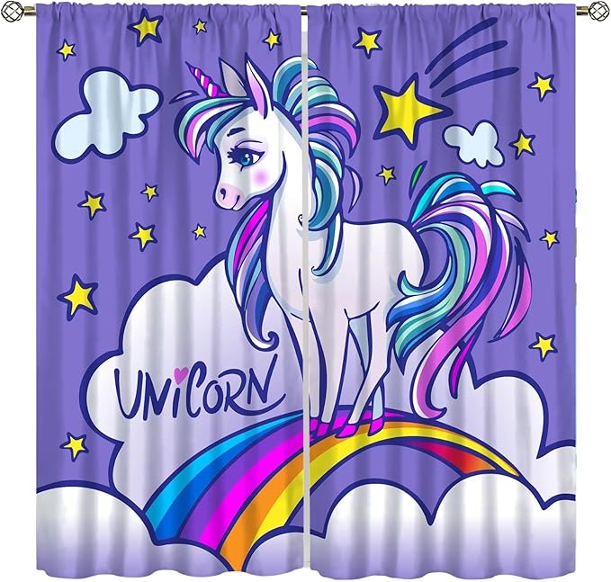 Kids Unicorn Curtains Purple Cartoon Rainbow Cartoon Room Blackout Curtains Boys Girls Baby Room Decor Curtains Living Room Decor 55x63 Inch 2 Panels