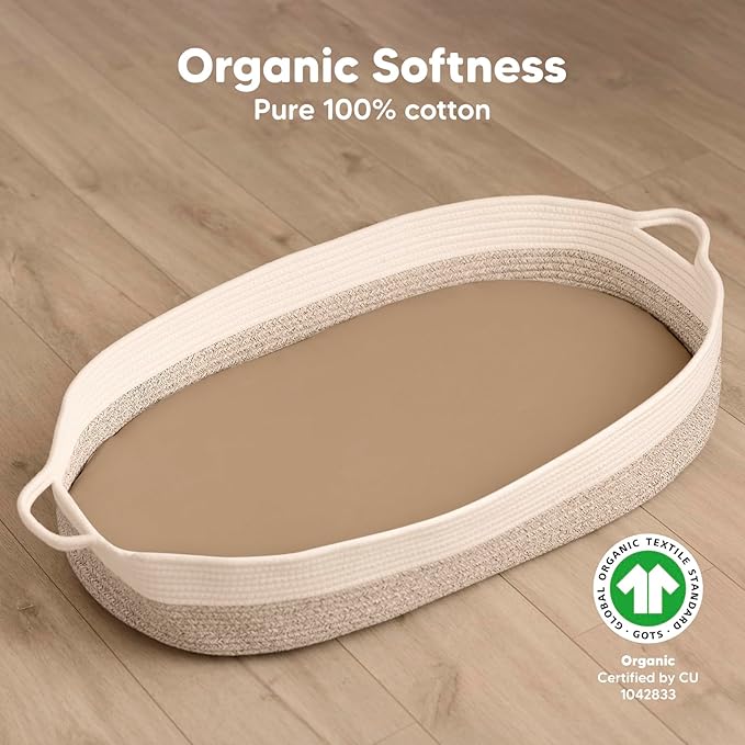 2-Pack Organic Bassinet Sheets for Girls, Boys - 100% Cotton Bassinet Mattress Sheets Compatible with Halo Bassinest Swivel Sleeper, Graco, Baby Delight, Chicco, Unisex Fitted Bassinet Sheets (Pecan)