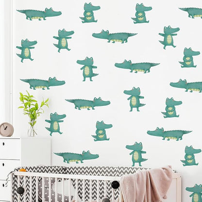 5 Sheets Cartoon Animal Wall Decal Removable DIY Green Small Crocodile Wall Decal Peel and Stick Jungle Animals Wall Stickers Wall Art for Baby Nursery Bedroom Living Room Playroom Decor