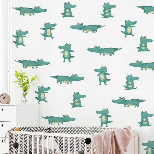 5 Sheets Cartoon Animal Wall Decal Removable DIY Green Small Crocodile Wall Decal Peel and Stick Jungle Animals Wall Stickers Wall Art for Baby Nursery Bedroom Living Room Playroom Decor