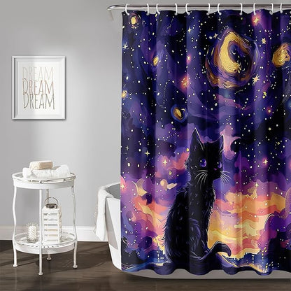 AILONEN Black Cat Shower Curtain,Cartoon Mother Son Kitten Shower Curtain Set for Kids Boys Girls,Boho Style Starry Night Shower Curtain with Hooks for Bathroom,72" W*72" H