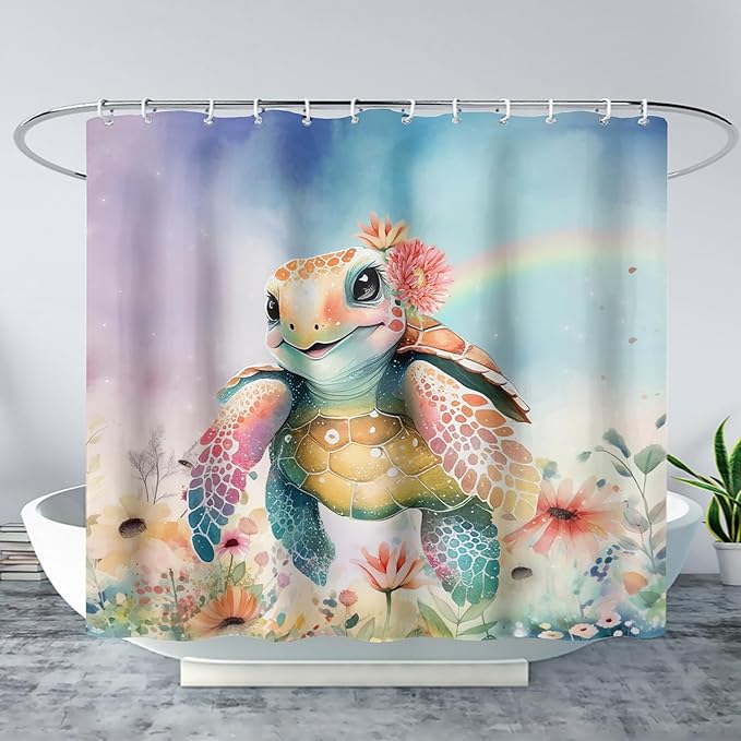AILONEN Kawaii Sea Turtle Shower Curtain,Tie Die Ocean Animal Themed Bath Curtain Cloth Fabric Bathroom 48" W*72" H Inch,12 Pack Hooks for Kids Child Cute Watercolor Sea Animal Bathroom Curtain