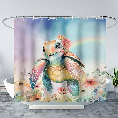 AILONEN Kawaii Sea Turtle Shower Curtain,Tie Die Ocean Animal Themed Bath Curtain Cloth Fabric Bathroom 36" W*72" H Inch,12 Pack Hooks for Kids Child Cute Watercolor Sea Animal Bathroom Curtain