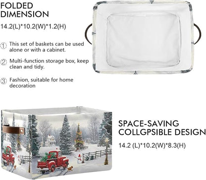 Christmas Tree Red Truck Storage Basket Fabric Laundry Baskets Winter Snowman Snowflake Golden Retriever Dog Storage Boxes Organizer Bag for Cloth Toy Book Storage Cubes Shelf Closet Bins 16×12×8