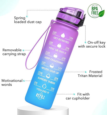 32oz/26oz Motivational Water Bottle with Time Marker & Fruit Strainer, Leak-proof BPA Free Non-Toxic 1l Bottle with Carrying Strap, Perfect for Fitness, Gym and Outdoor Sports, Plastic