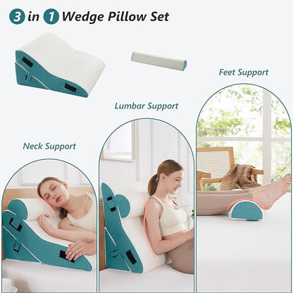 3 PCS Upgraded Bed Wedge Pillow for Sleeping - 35D Post Surgery Pillow for Back Leg Pain Relief - 16.5" Wide Wedge Pillows for After Surgery for Acid Reflux & GERD & Snoring(White Blue)