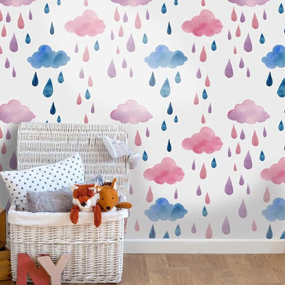 Amaonm Removable 15.8 x 98.4inch Rainbow Colorful Clouds and Raindrop Wall Decals DIY Wallpaper Wall Stickers Murals Decor for Kids Babys Girls Bedroom Teens Nursery Living Room Door Desk Decoration