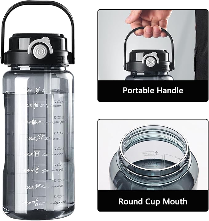 Plastic Water Bottle with Straw, 64 oz/2 L Large Water Bottle with Time Marker to Drink Leakproof Reusable Motivational Water Jug for Sports Gym Fitness Outdoor (Black)