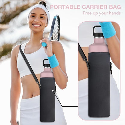 60oz Water Bottle with Carrier Bag, Large Insulated Water Bottle, Stainless Steel Water Bottles, Double Walled Insulated Thermo for Hot Drinks/Cold Drinks, Great for Gym, Hiking, Camping (Light Pink)