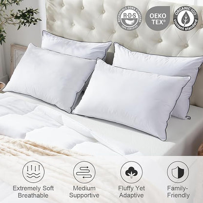 APSMILE Medium Firm Feather Down Pillows Queen Size Set of 2, Luxury Goose Feather Pillow for Sleeping, 600TC/DM Organic Cotton Cover Hotel Bed Pillow, Wrapped in Polyester (White, 20"x30")
