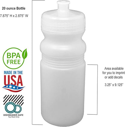 Rolling Sands 20 Ounce Sports Water Bottles 24 Pack, BPA-Free, Made in USA, Dishwasher Safe, Clear Frost Bottles/Clear Lids