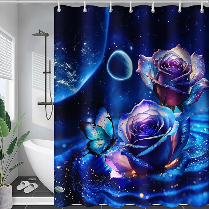 AILONEN Blue Rose Shower Curtain,Romantic Flower Bath Curtain for Girls Women,Blue Galaxy Starry Rose Floral Curtain for Bathroom Decor 48" W*72" H,Waterproof with 12 Plastic Hooks