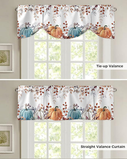 Fall Thanksgiving Blackout Tie Up Valance Curtains for Kitchen Windows Watercolor Autumn Pumpkins Eucalyptus Leaves Window Toppers Balloon Shades for Living Room/Bathroom/Bedroom,42" X 18",Blue Orange