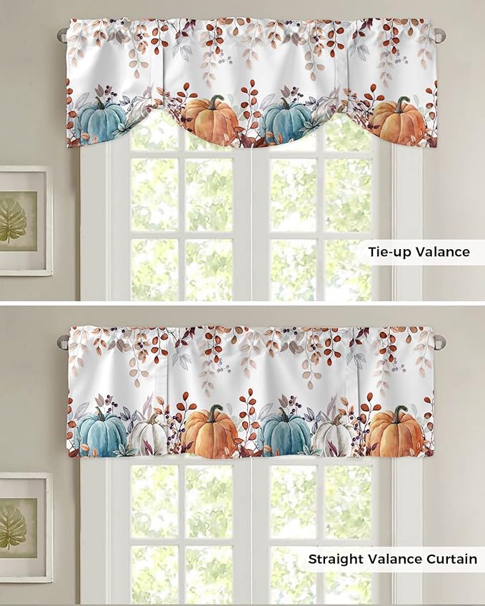 Fall Thanksgiving Blackout Tie Up Valance Curtains for Kitchen Windows Watercolor Autumn Pumpkins Eucalyptus Leaves Window Toppers Balloon Shades for Living Room/Bathroom/Bedroom,42" X 12",Blue Orange