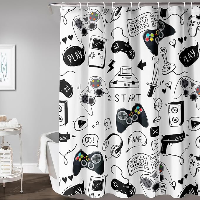 AILONEN Gamer Shower Curtain for Boys 60" W*72" H Black Gaming Video Game Bathroom Curtain,Teen Boys Bath Curtain Polyester Waterproof Retro Game Controller Bathroom Curtain with 12 Hooks