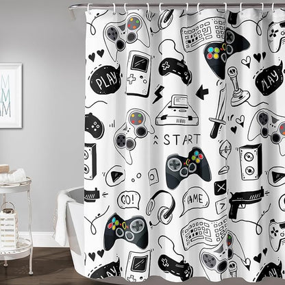 AILONEN Gamer Shower Curtain for Boys 72" W*72" H Black Gaming Video Game Bathroom Curtain,Teen Boys Bath Curtain Polyester Waterproof Retro Game Controller Bathroom Curtain with 12 Hooks