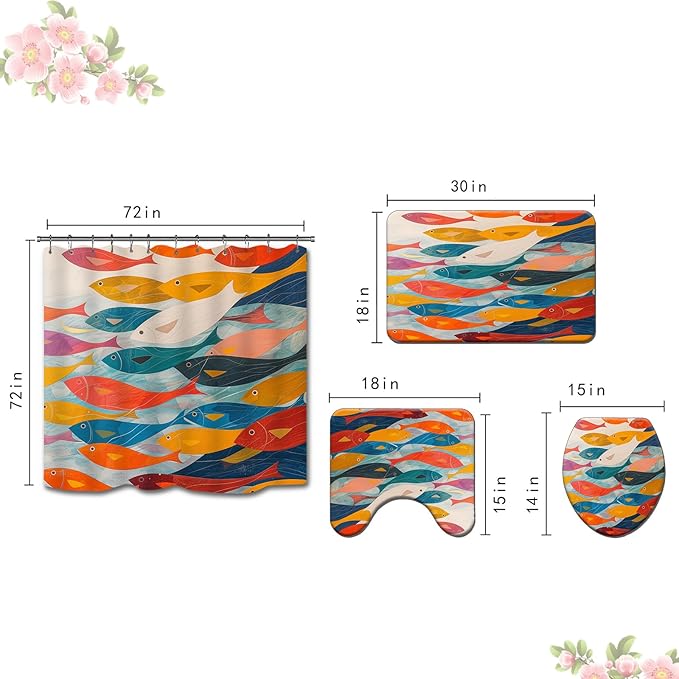 4PCS Fish Shower Curtain Set with 12 Hooks for Bathroom Sets Fish Decor, Non-Slip Rugs and Toilet Mat Lid Rug, Durable Waterproof for Bathroom Abstract Swiming Fish Decor 72x72 Inch