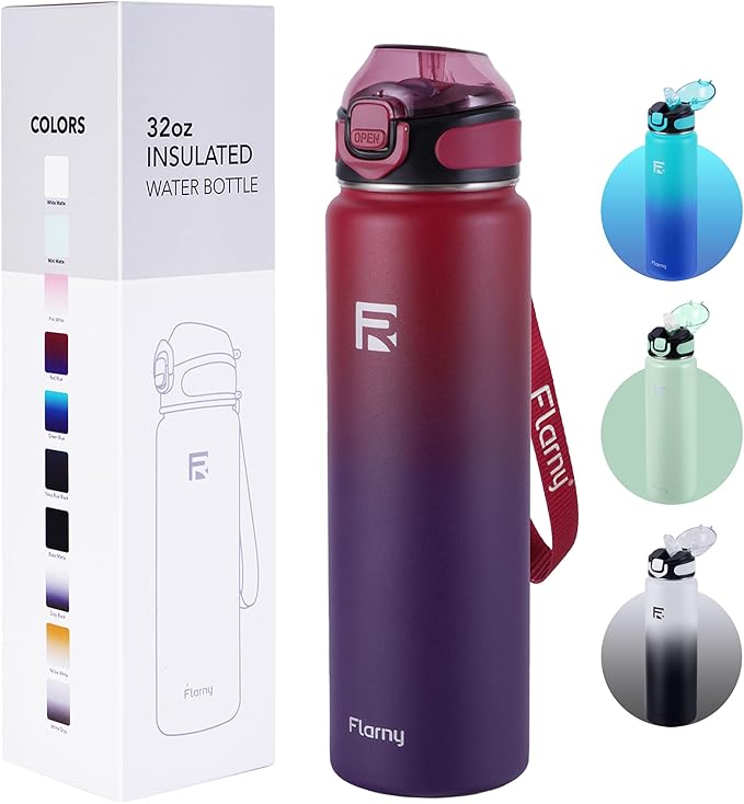 32 oz Insulated Water Bottle with Straw, Stainless Steel Metal Thermos Bottles, Durable Non-Slip Gradient Bottle with Strap for Sports and Travel, Leak Proof (Red Blue)